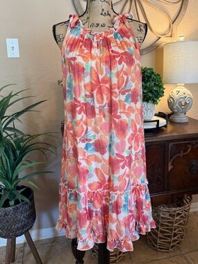 Robbie Bee Cream with Coral-Orange Print Ruffle Trim Spaghetti Strap Dress